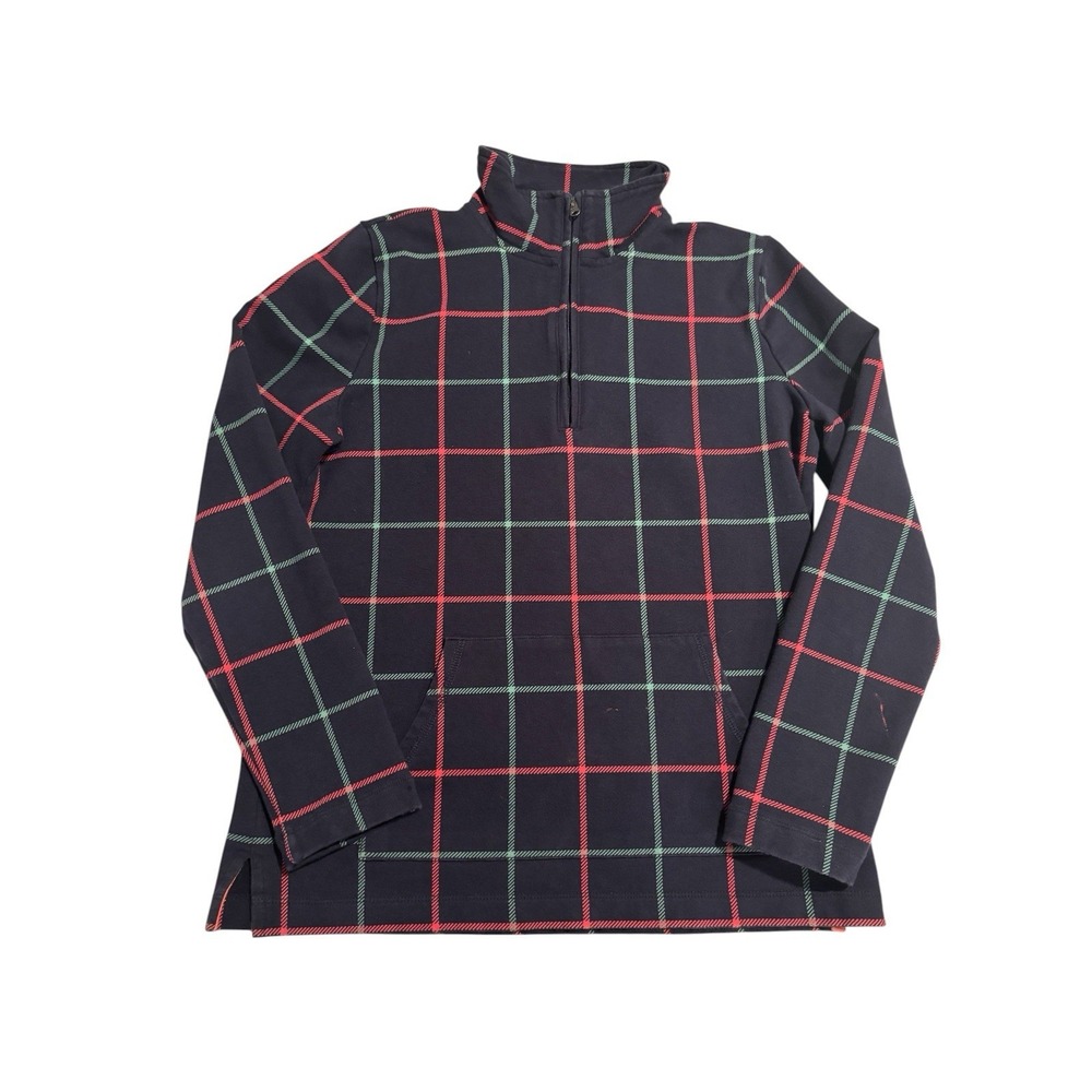 TALBOTS Sp BLUE WINDOW PANE PLAID COTTON LIGHT‎ 1/2 ZIP NECK SWEAT SHIRT BLOUSE